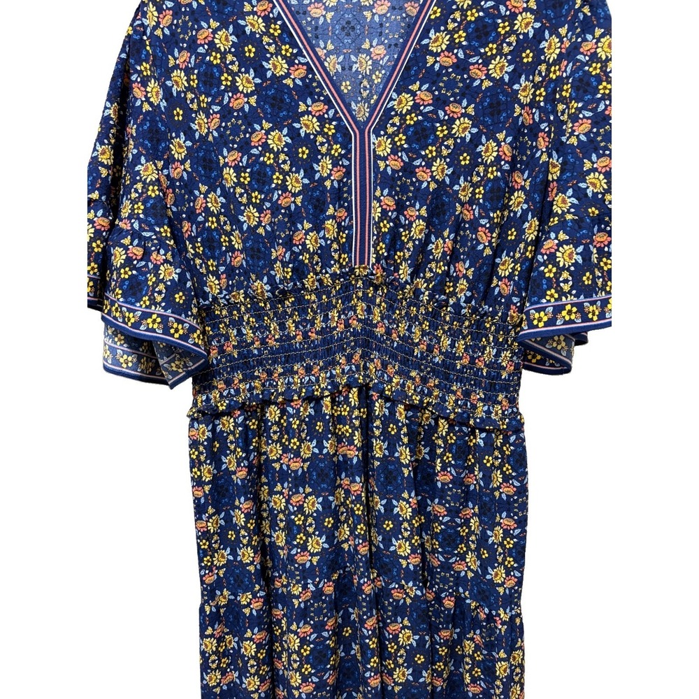 Max Studio London 1X Blue Floral Smocked Maxi Flutter Sleeve Cottagecore Boho - Picture 6 of 9
